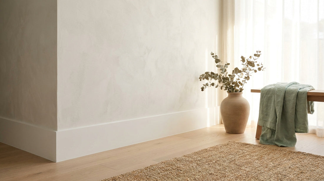 A clean bright contemporary Australian wall, skirting and floor corner in soft natural light, minimal calm and fresh.