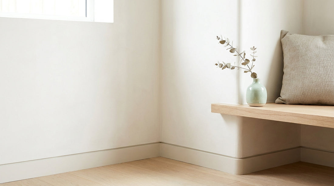 A clean bright contemporary Australian wall, skirting and floor corner in soft natural light, minimal calm and fresh.