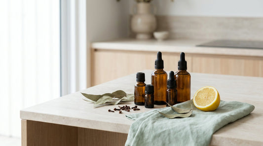 Amber glass dropper bottles with eucalyptus, cloves and a lemon on a pale stone benchtop, soft natural light, sage-mint 