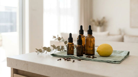 Amber glass dropper bottles with eucalyptus, cloves and a lemon on a pale stone benchtop, soft natural light, sage-mint 