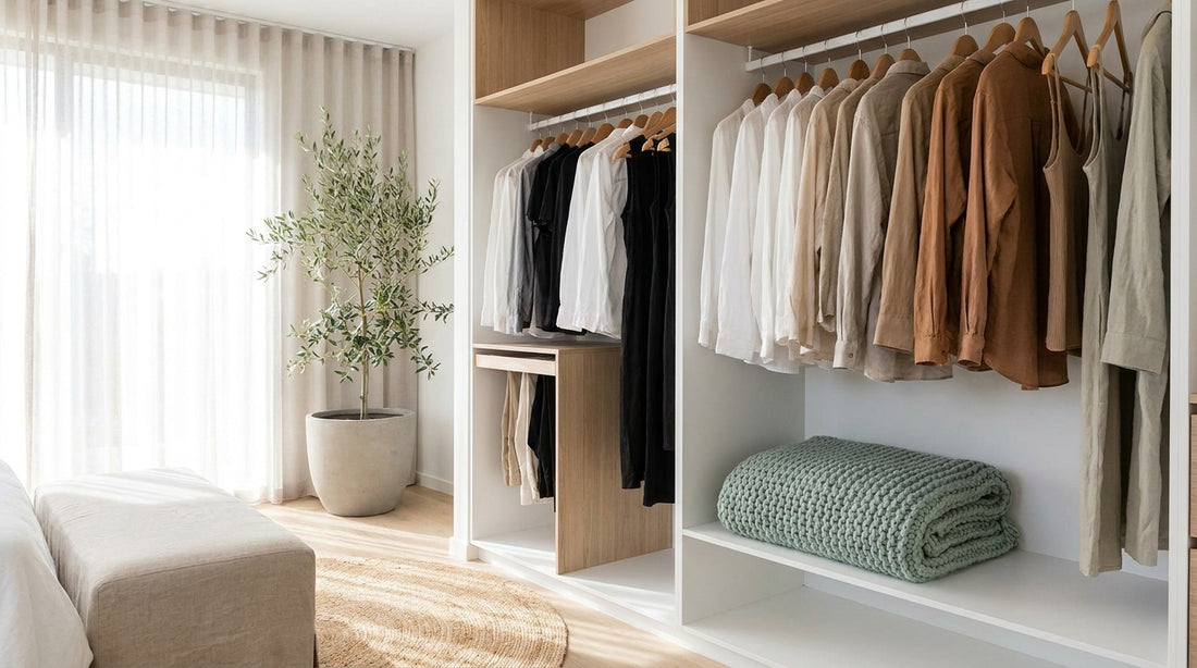An open contemporary wardrobe with neatly hung clothes and a folded sage-mint throw, bright airy bedroom light, dry and 