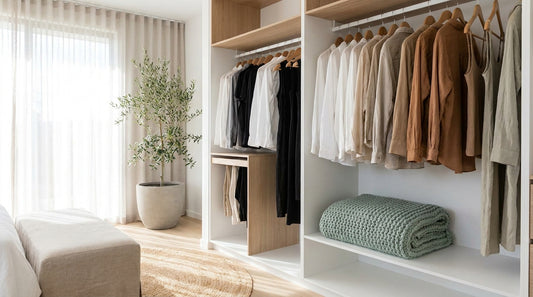 An open contemporary wardrobe with neatly hung clothes and a folded sage-mint throw, bright airy bedroom light, dry and 