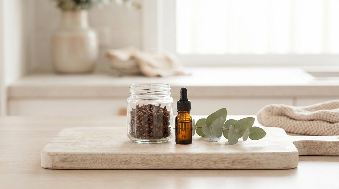 Whole cloves and a small amber dropper bottle on a pale timber board with a sprig of greenery, soft natural light.