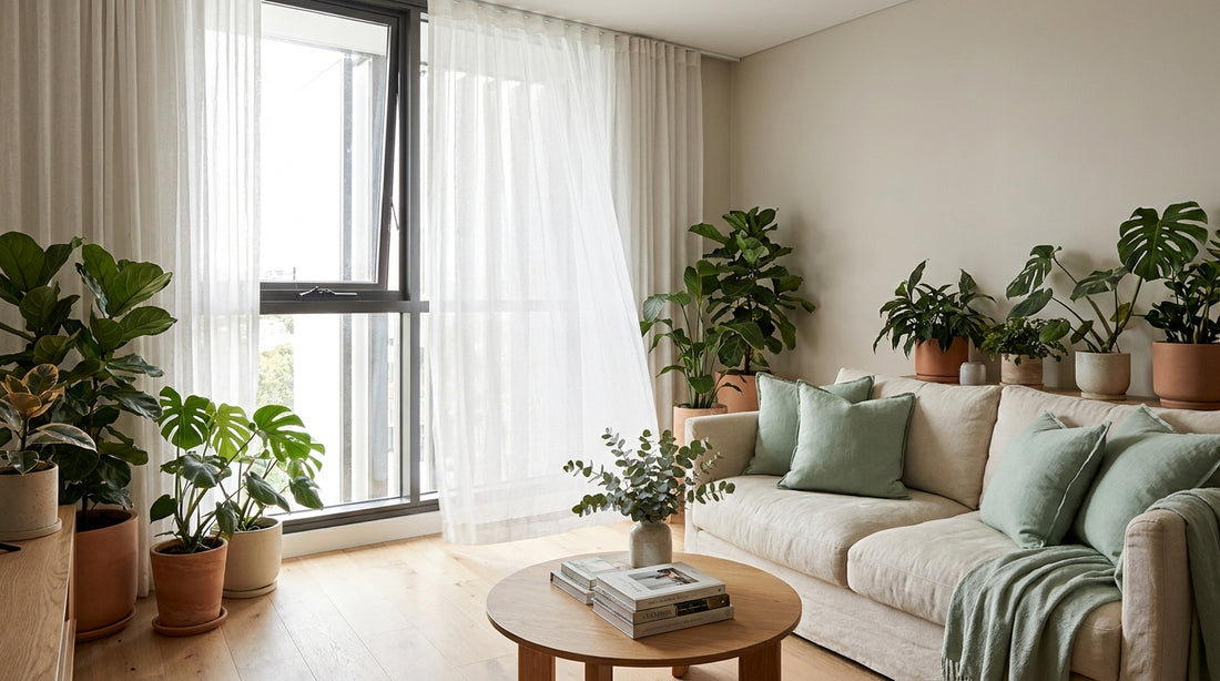 A bright airy contemporary Australian apartment living space, open window, sheer curtains, indoor plants, sage-mint acce