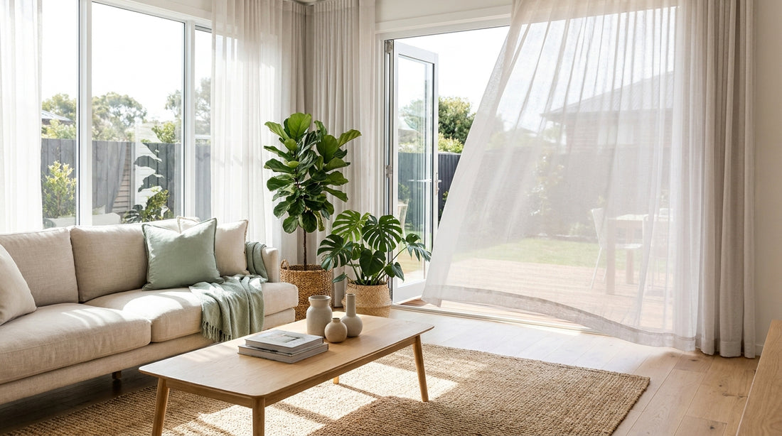 A bright airy contemporary Australian living room with open windows and a breeze in the sheer curtains, indoor plants, s