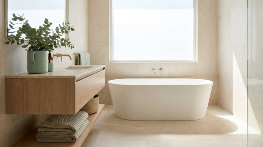 A clean bright modern Australian bathroom, natural light from a window, pale stone tiles, timber vanity, eucalyptus in a