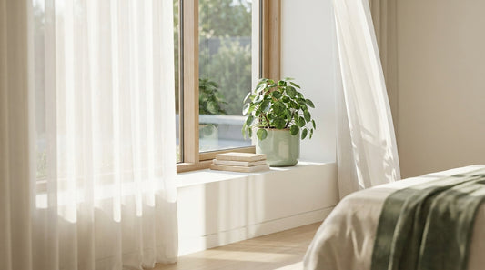 A bright bedroom window with soft morning light and sheer curtains, a healthy plant on the clean white sill.