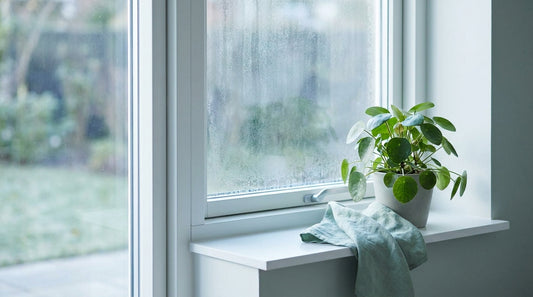 A contemporary window with a light film of condensation on the glass in cool morning light, a healthy plant on the sill,
