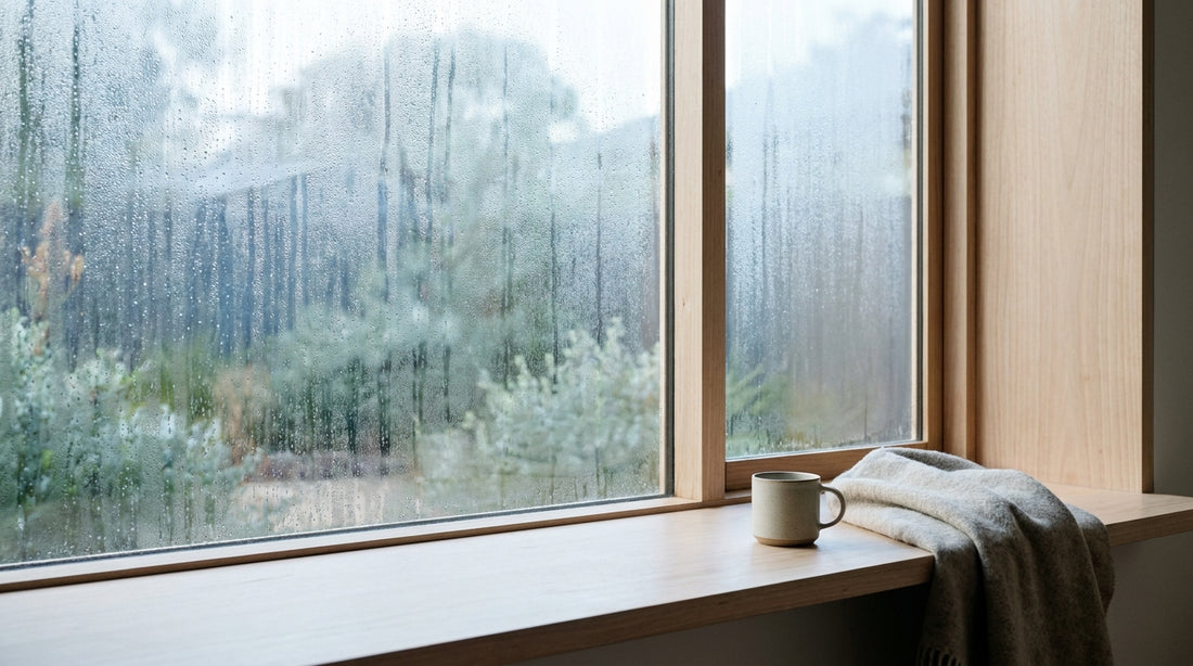A contemporary Australian window with fine condensation on the glass in morning light