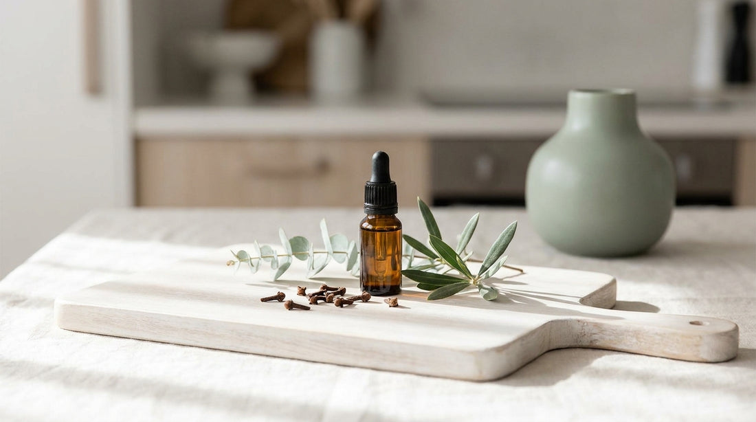 Whole cloves and a small amber dropper bottle on a pale timber board with a sprig of greenery, soft natural light.