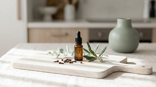 Whole cloves and a small amber dropper bottle on a pale timber board with a sprig of greenery, soft natural light.