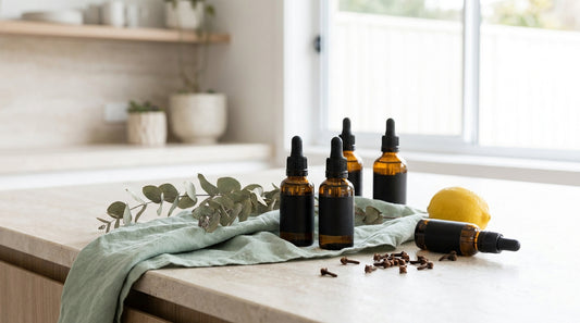 Amber glass dropper bottles with eucalyptus, cloves and a lemon on a pale stone benchtop, soft natural light, sage-mint 