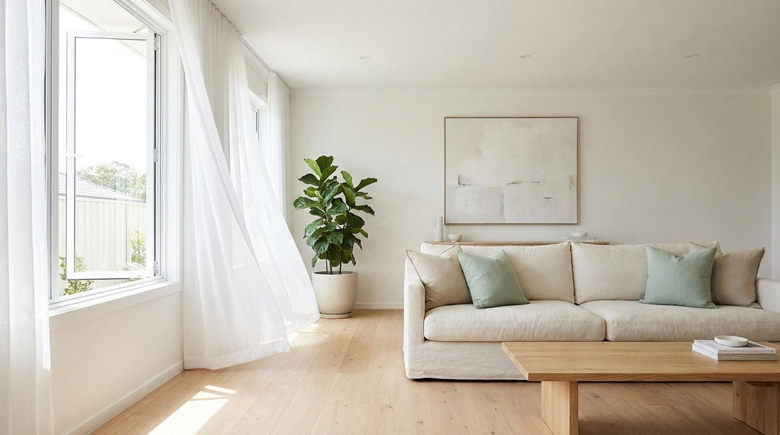 A bright airy contemporary Australian living room with open windows and a breeze in the sheer curtains, indoor plants, s