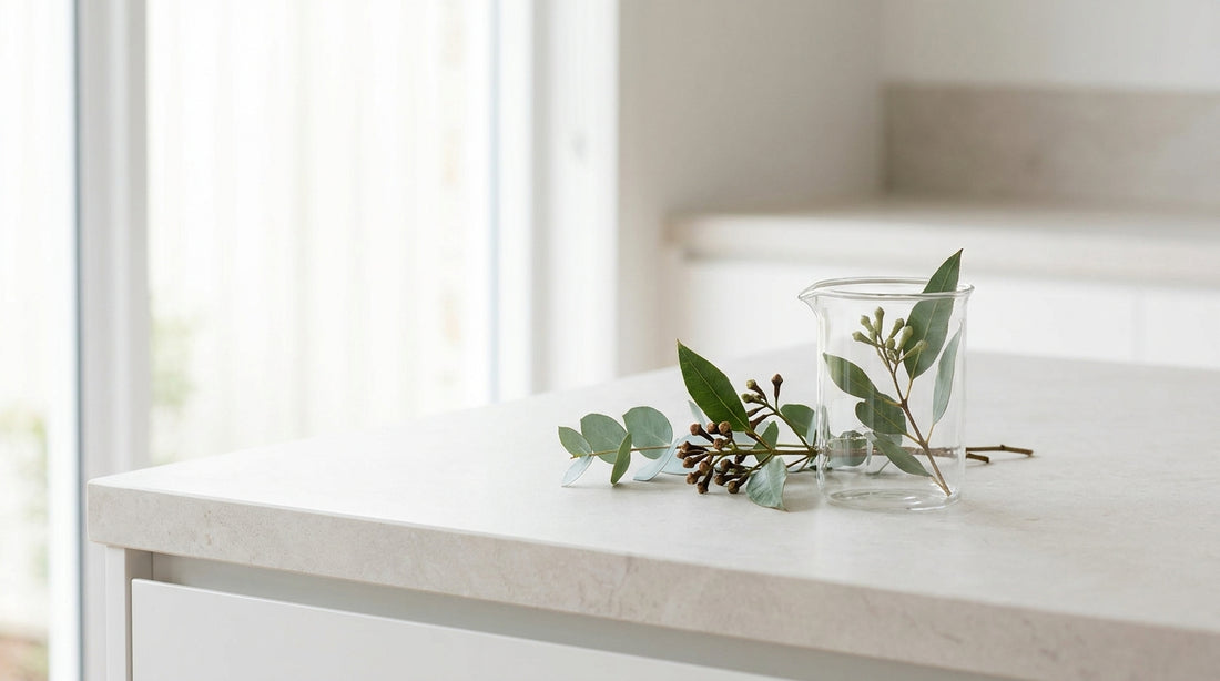 A clean contemporary Australian kitchen bench with clove and eucalyptus sprigs in soft light