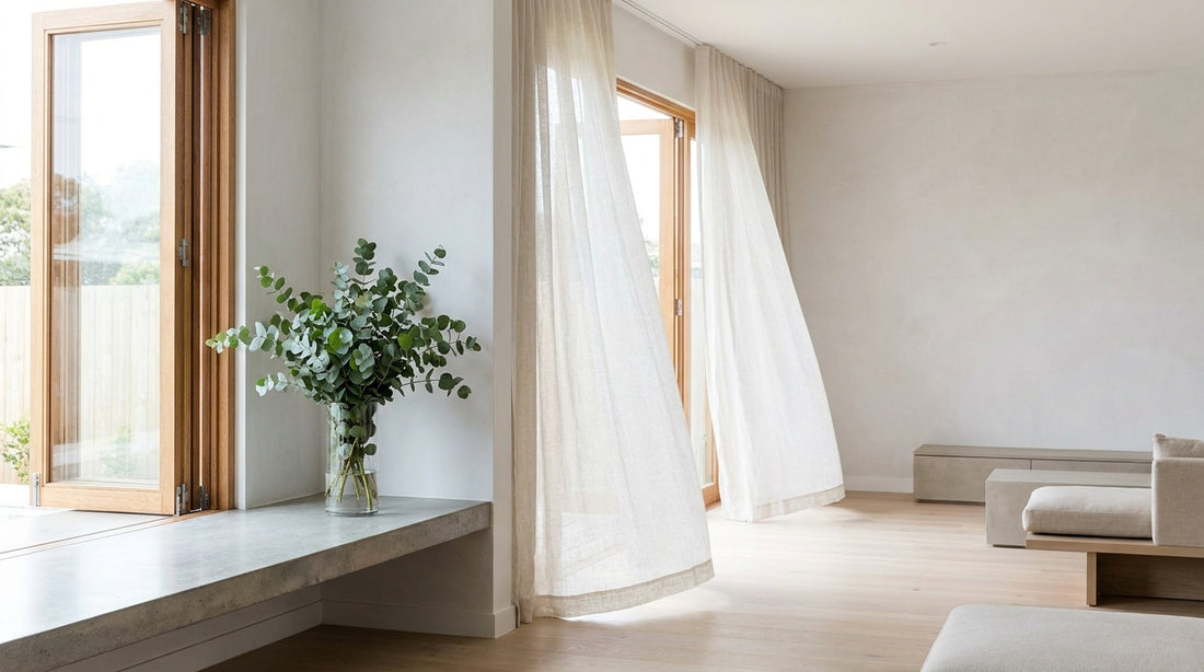 An airy, fresh Australian room with an open window and light linen curtains