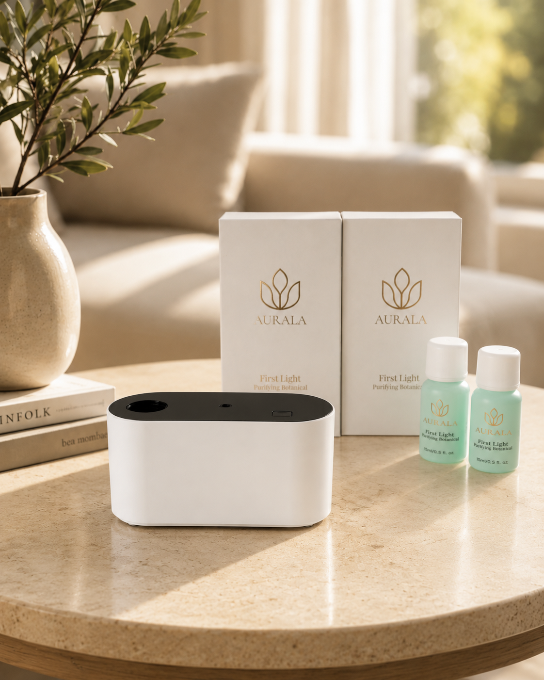 Aurala Protection Kit contents: waterless diffuser and First Light bottle