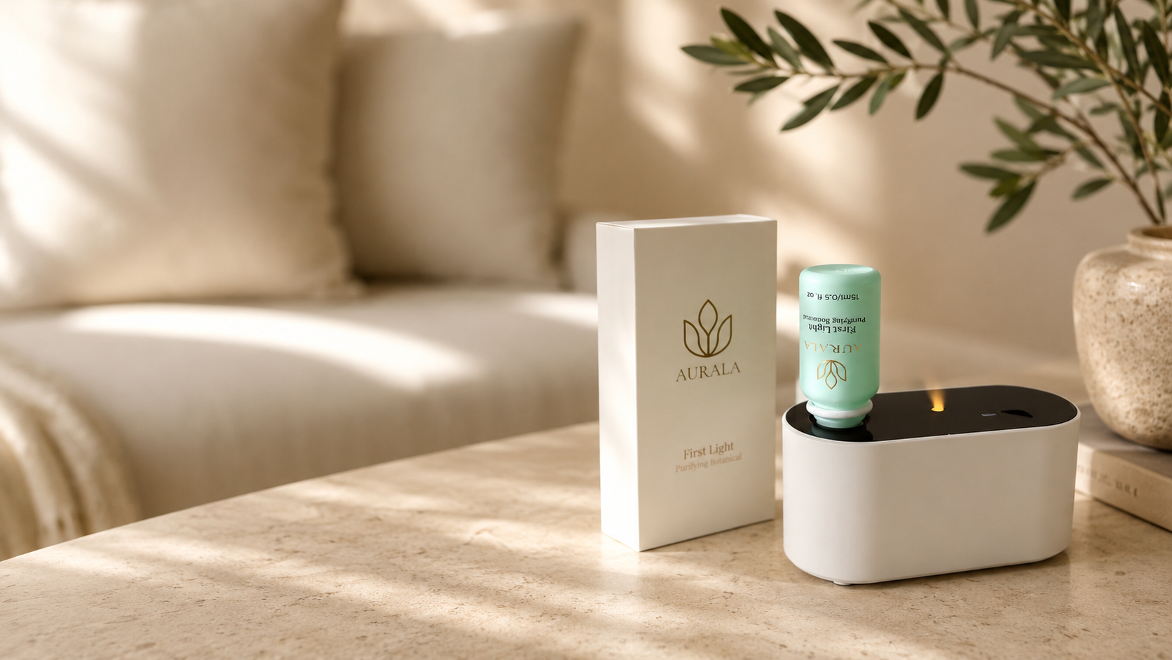 Aurala Naturals First Light bottle on a kitchen bench