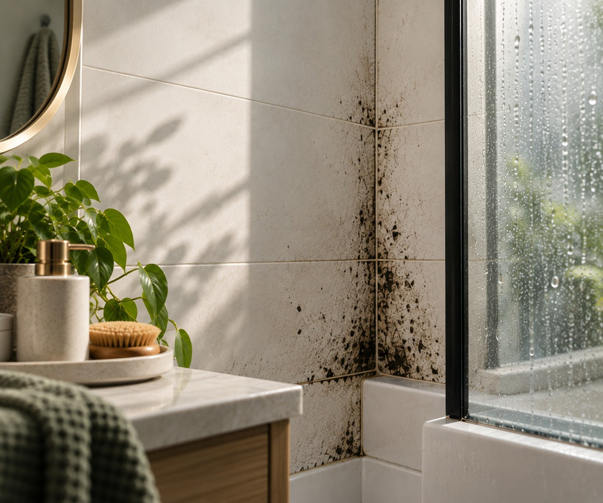 Black mould returning along a bathroom wall and shower corner
